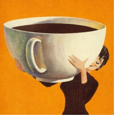 WOMAN HOLDING A HUGE CUP OF COFFEE